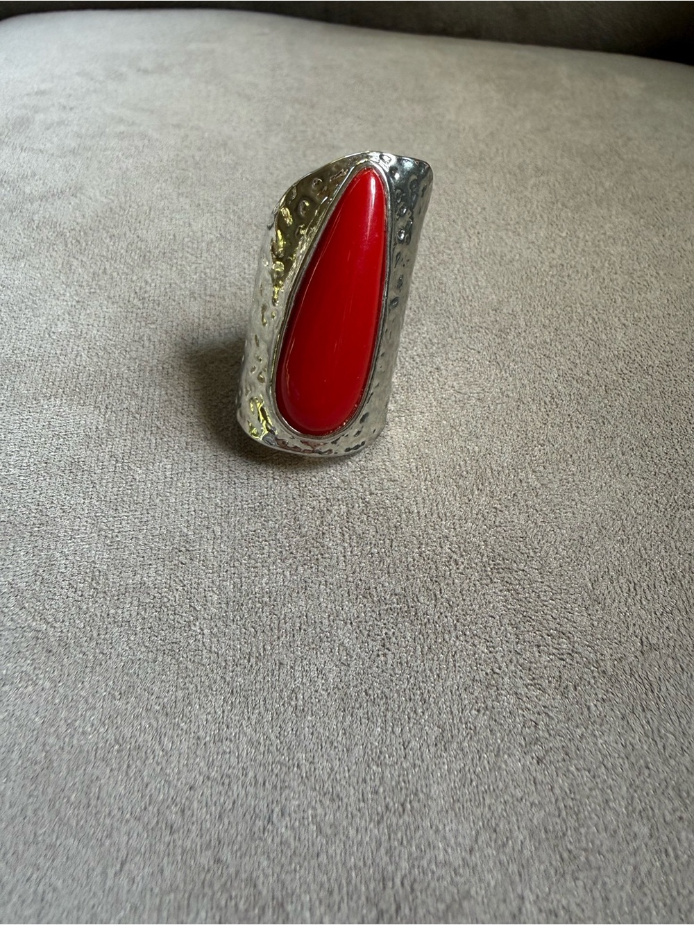 Vintage Red Teardrop Statement Ring - Silver Tone